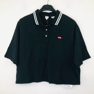 Levi's Women's Small Crop Top Black Polo Striped Collar Logo Popover NWT BL4